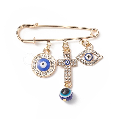 Crystal Rhinestone Evil Eye Charms Safety Pin Brooch with Resin Beaded JEWB-BR00088-1
