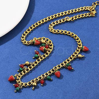 Natural Carnelian and Synthetic Malachite Round Beads and Red Strawberry Tassel 304 Stainless Steel Twisted Chain Necklaces NJEW-C092-03G-1