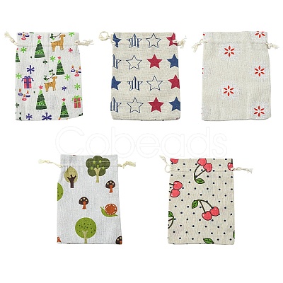10Pcs 5 Styles Printed Polycotton(Polyester Cotton) Packing Pouches Drawstring Bags ABAG-YW0001-04-1