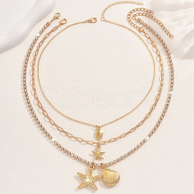 Boho Summber Beach Alloy Crystal Rhinestone Starfish Shell Shape Pendant 3 Layer Necklaces for Women WG7EBB2-01-1