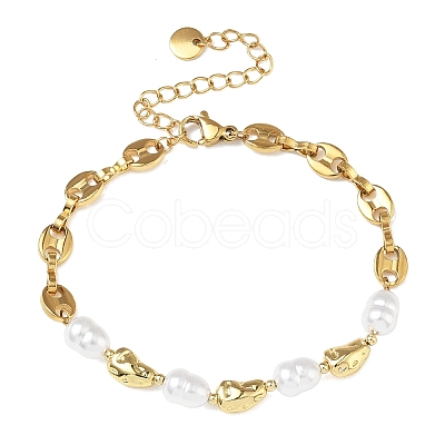 Nuggets 304 Stainless Steel & ABS Plastic Imitation Pearl Chain Bracelets BJEW-A169-07G-1