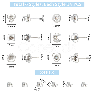 84Pcs 6 Style 201 Stainless Steel Stud Earring Findings STAS-UN0057-42-1