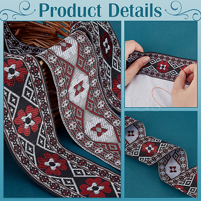 7M Ethnic Style Polyester Rhombus Flower Jacquard Ribbon OCOR-WH0101-05-1