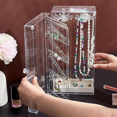 Rectangle Plastic Jewelry Organizer Storage Box with 24 Hooks OBOX-WH0001-06-1