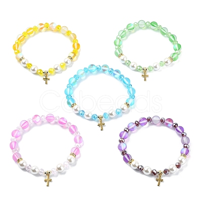 8mm Holographic Synthetic Moonstone & Shell Pearl Round Beaded Stretch Bracelets BJEW-JB10920-1