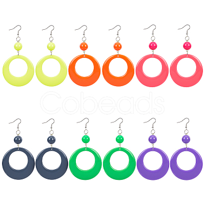 6 Pairs 6 Colors Donut Resin Dangle Earrings with Iron Pins for Women EJEW-AN0004-14-1