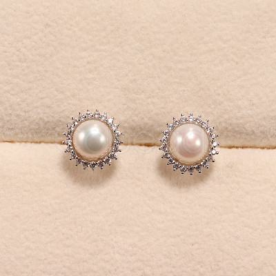 Flower Brass Micro Pave Clear Cubic Zirconia with Natural Freshwater Pearl Pendant Necklace & Stud Earrings & Finger Ring WG8FE37-01-1