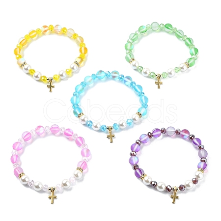 8mm Holographic Synthetic Moonstone & Shell Pearl Round Beaded Stretch Bracelets BJEW-JB10920-1