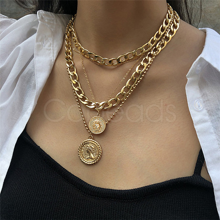 Punk Flat Round with Human Pattern Alloy Multi Layered Necklaces FS-WG0D034-01-1