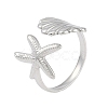 304 Stainless Steel Starfish & Shell Open Cuff Rings for Women RJEW-C095-09P-1