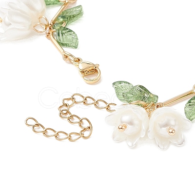 Shell Pearl Flower with Leaf Charm Bracelet with Bar Link Chains BJEW-TA00215-1