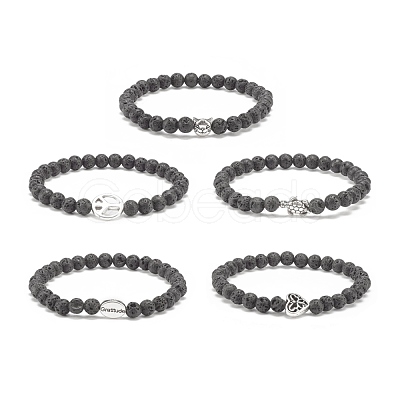 Natural Lava Rock & Alloy Beaded Stretch Bracelet BJEW-JB08309-1