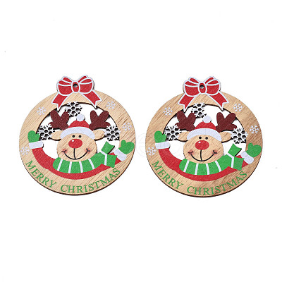Christmas Theme Single-Sided Printed Wood Big Pendants WOOD-N005-61-1