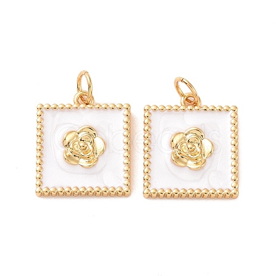 Square with Flower Pattern Brass Enamel Pendants KK-G435-09G-1