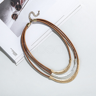 Alloy Curved Tube Black Cowhide Cord 3 Layer Necklaces for Women FS-WG33DA7-02-1