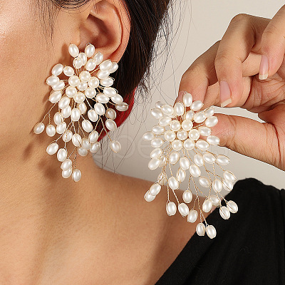 Flower Brass Plastic Pearl Tassel Clip-on Earrings FS-WG7092D-01-1