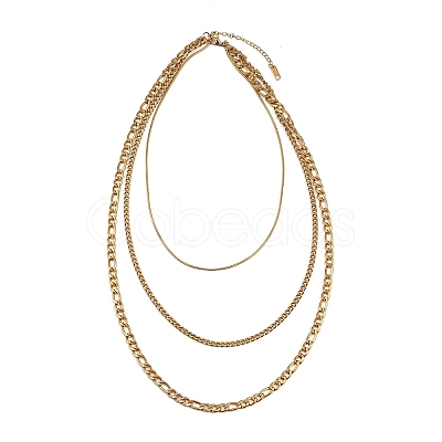 304 Stainless Steel Figaro Chain 3 Layer Necklaces for Women NJEW-A057-02A-G-1