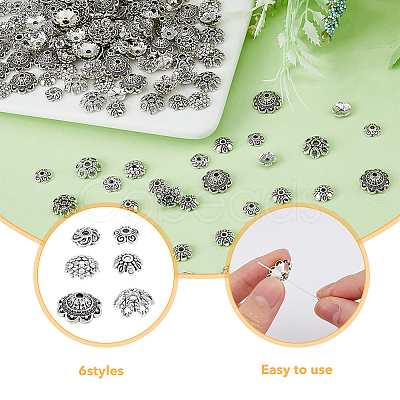 240pcs 6 styles Tibetan Style Zinc Alloy Flower Bead Caps FIND-DC0003-92-1
