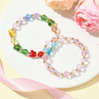 Butterfly & Faceted Round Glass & Brass Beaded Stretch Bracelets for Women BJEW-FS00005-1