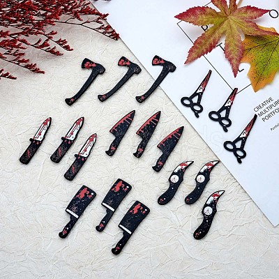 18Pcs 6 Styles Bloody Knife Scissors Axe Opaque Resin Halloween Horror Goth Pendants JX235A-1