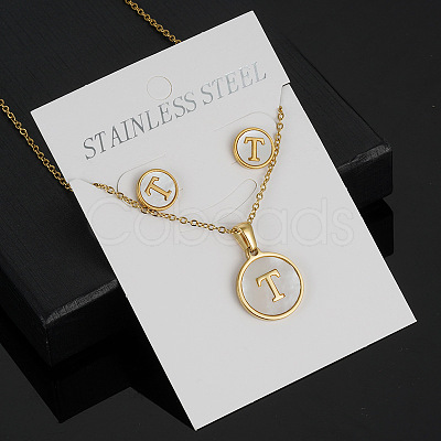 304 Stainless Steel with Natural Shell Pendant Necklaces & Stud Earrings Sets FS-WG5FD70-20-1