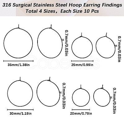 SUNNYCLUE 40Pcs 4 Style 304 Stainless Steel Hoop Earring Findings STAS-SC0007-30-1