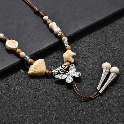 Ethnic Style Alloy & Porcelain Ceramic Beads Butterfly Pendant Tassel Y Necklaces NJEW-D308-01D-1