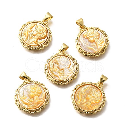 Brass with Natural Shell Carved Pendants KK-Z091-05G-03-1