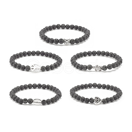 Natural Lava Rock & Alloy Beaded Stretch Bracelet BJEW-JB08309-1