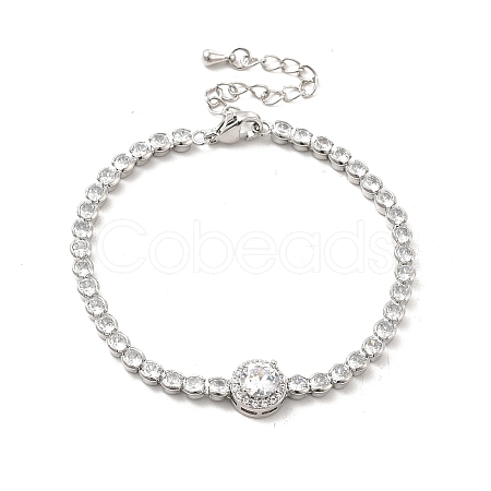Clear Cubic Zirconia Flat Round Link Bracelet with Tennis Chains BJEW-C030-01P-1
