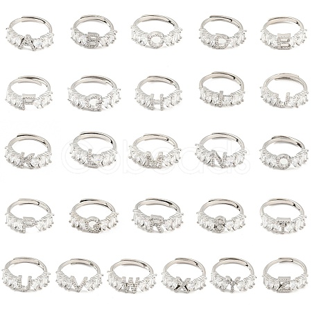 26Pcs 26 Style Initial Letter A~Z Clear Cubic Zirconia Adjustable Rings Set RJEW-Q781-17P-1