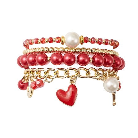 4Pcs 4 Style Glass & Shell Pearl Beaded Stretch Bracelets Set BJEW-TA00289-1