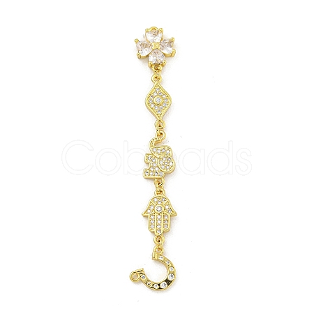 Rack Plating Brass Clear Cubic Zirconia Flower Elephant Hamsa Hand Connector Charms KK-G513-39G-1