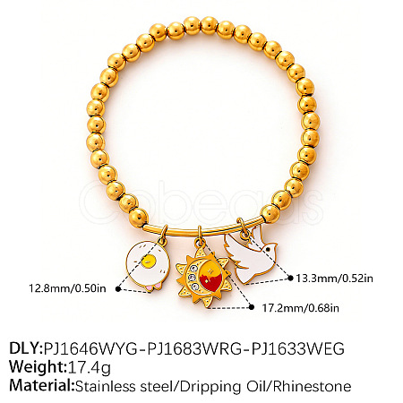 304 Stainless Steel Enamel & Crystal Rhinestone Charm Round Beaded Stretch Bracelets for Women WGE1DD1-04-1