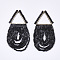 Tassel Big Pendants, with Glass Beads and Golden Plated Brass Findings, Triangle, Black, 62~70x27~28mm, Hole: 20x17.5mm