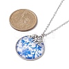 Steel Blue Glass Flat Round & Alloy Pendant Necklace NJEW-JN04453-02-3