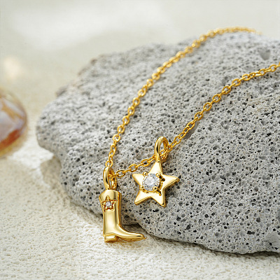 304 Stainless Steel Micro Pave Clear Cubic Zirconia Cowboy Boot and Star Pendant Necklaces FS-WGF88B1-04-1