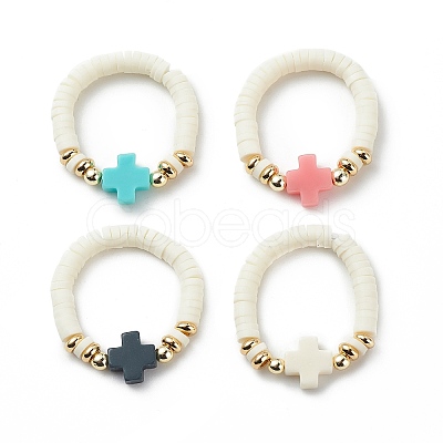 Polymer Clay Heishi & Synthetic Hematite & Synthetic Coral Cross Beaded Stretch Finger Ring for Women RJEW-JR00526-1