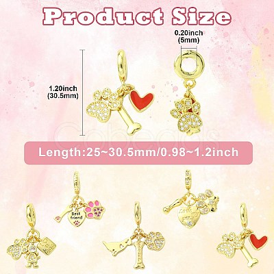 5Pcs 5 Styles Brass Micro Pave Clear Cubic Zirconia European Dangle Charms FIND-CJ0005-20-1