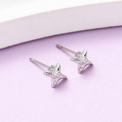 Brass Micro Pave Clear Cubic Zirconia Star Stud Earrings EJEW-L278-02P-1