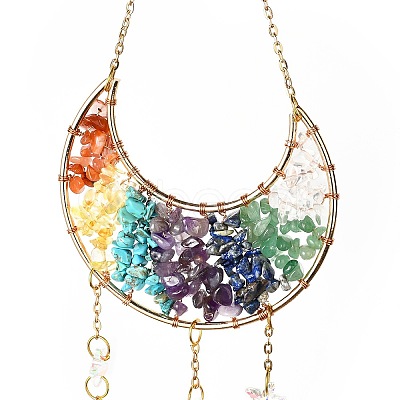 Gemstone Chips Beaded Moon Hanging Sun Catchers HJEW-M004-03-1