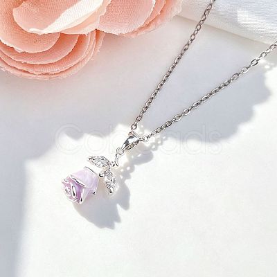 Brass Pave Clear Cubic Zirconia Enamel Rose Flower Pendant 304 Stainless Steel Cable Chain Necklaces for Women WG5C08E-01-1
