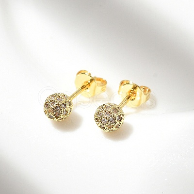 Round Brass Micro Pave Clear Cubic Zirconia Stud Earrings LS-EJEW-D311-107G-1