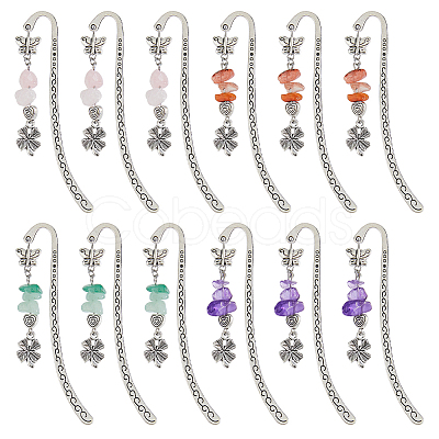 12Pcs 4 Styles Natural Rose Quartz & Green Aventurine & Amethyst & Red Agate Chips & Alloy Clover Charms Bookmarks AJEW-HS00008-1