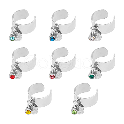 8Pcs 8 Color Birthstone Rhinestone & 201 Stainless Steel Flat Round Charm Rings Set RJEW-AB00004-1