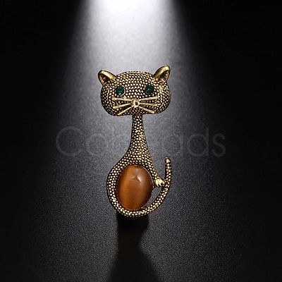 Cat Shaped Dyed Opalite & Rhinestone Brooch Pin PW-WG9719E-02-1