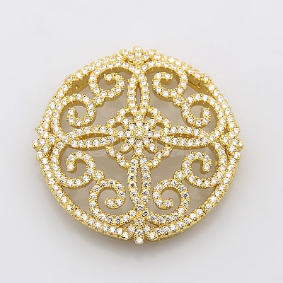 Filigree Flat Round Brass Micro Pave Cubic Zirconia Cabochons ZIRC-P005-03G-NR-1