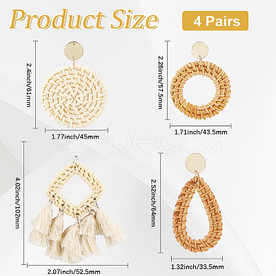 4 Pairs 4 Styles Rattan Dangle Stud Earrings EJEW-SP0001-16C-1