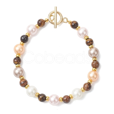 Shell Pearl & Natuarl Tiger Eye Round Beaded Bracelets for Women BJEW-JB12896-1