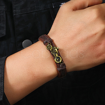 Motorbike Alloy & Cowhide & Jute Cord Braided Bracelets for Men FS-WG31926-02-1